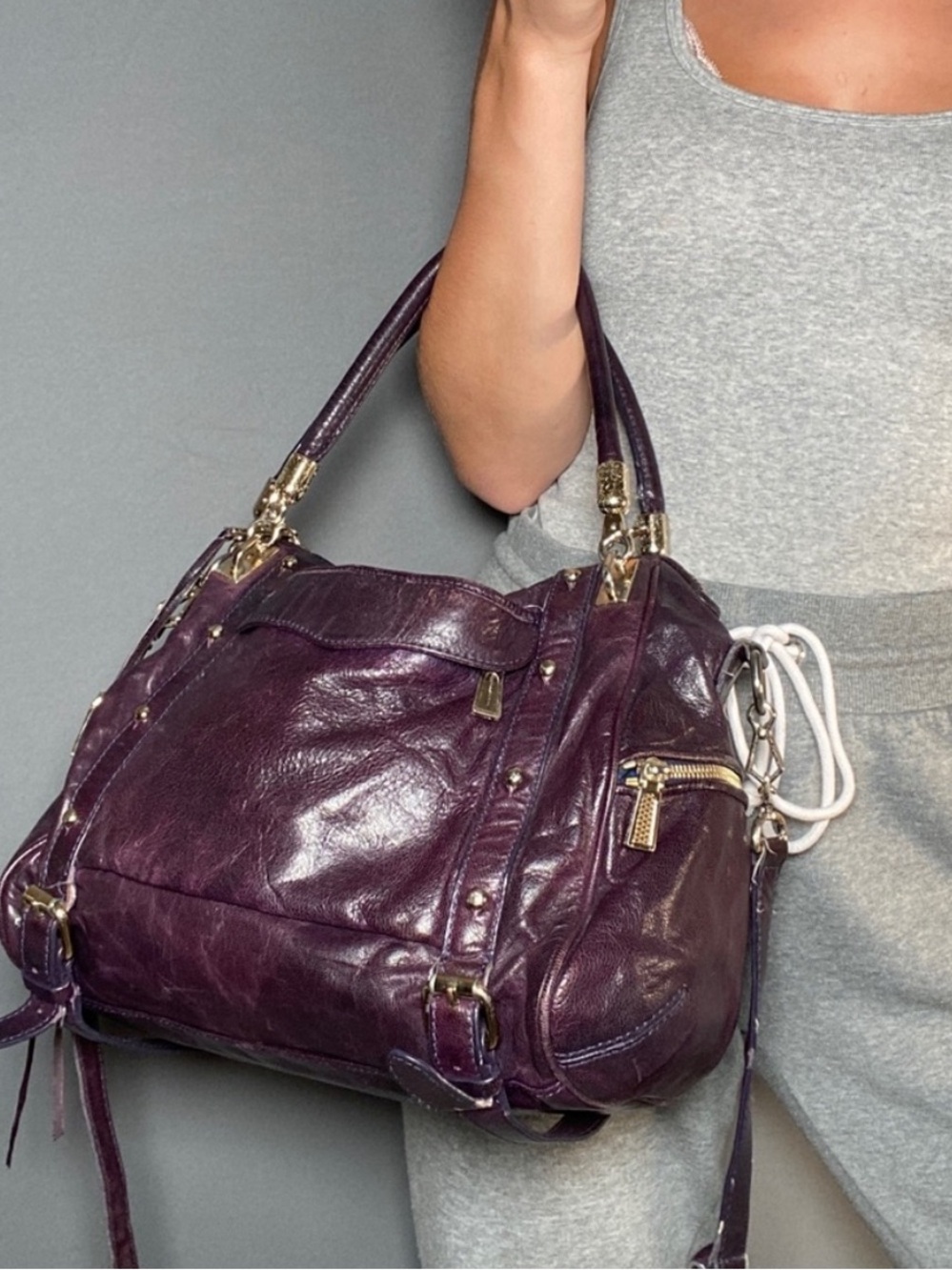 Rebecca Minkoff Plum Leather Shoulder Satchel with Gold Hardware